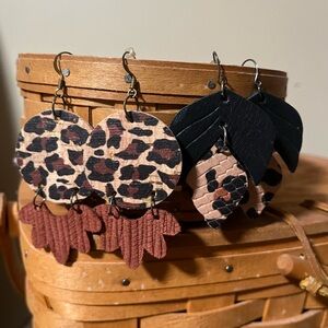 Handmade Leather Cut Leopard Print and Black Leaf Earrings Set
